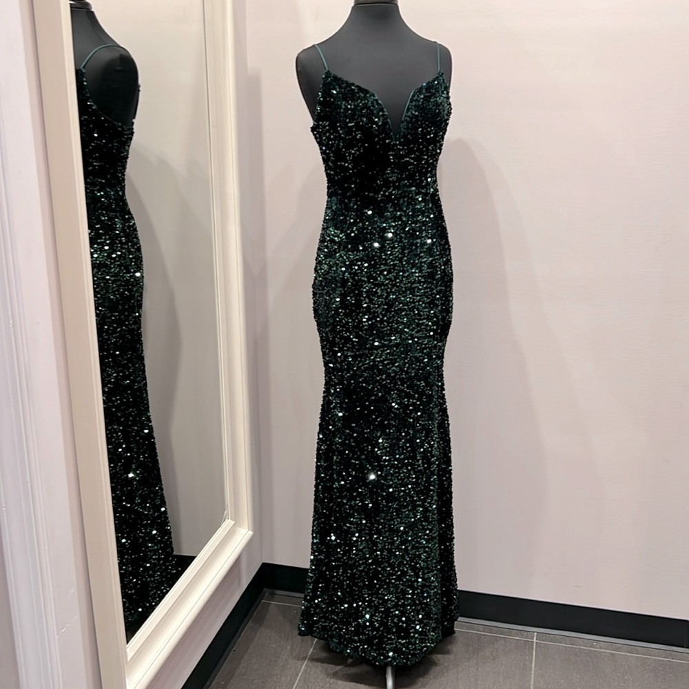 Deep V Side Slit Velvet Sequin Gown Hunter Green